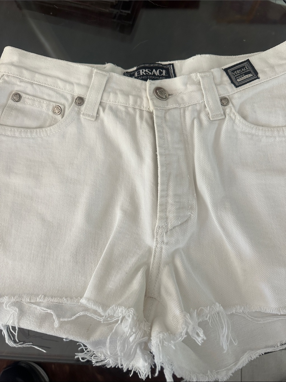 Versace White Frayed Denim Cutoff Shorts like new